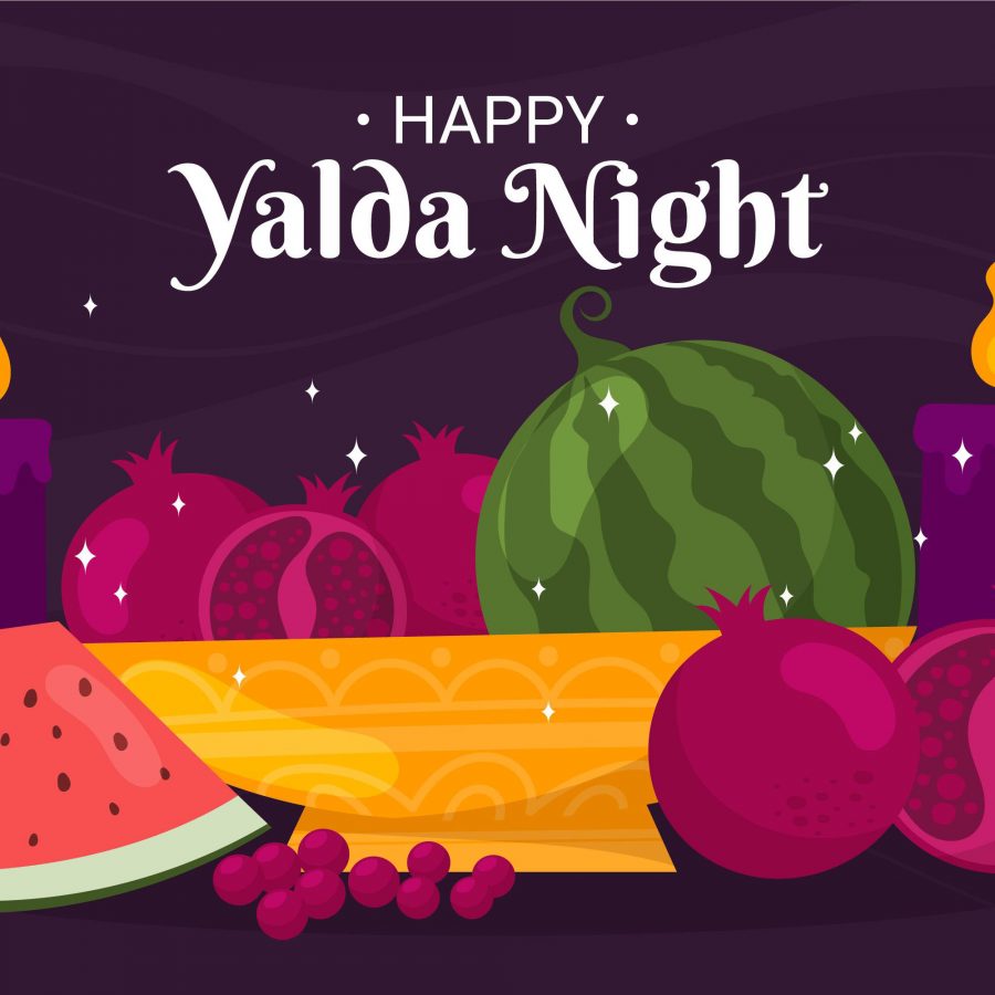 دانلود وکتور ویژه شب یلدا با انار و هندوانه در پس زمینه بنفش