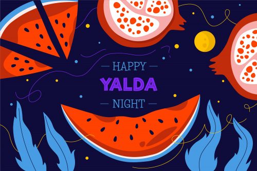 دانلود وکتور ویژه شب یلدا با انار و هندوانه قاچ شده و نقل های رنگی